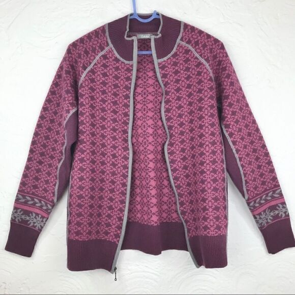 Cabela’s Burgundy Pattern Merino Wool Nordic Zip Cardigan - Picture 3 of 13